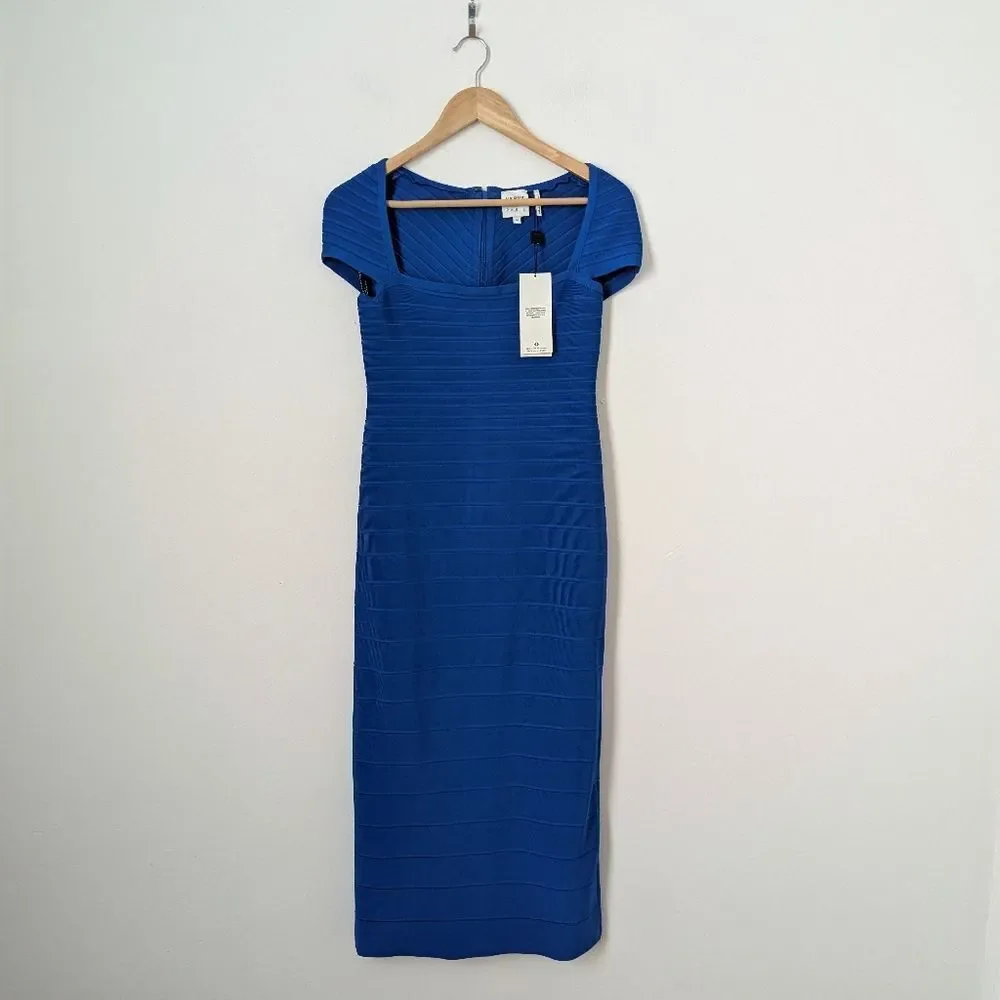 NWT Herve Leger Paris bright royal blue bandage Bodycon cap sleeve midi dress